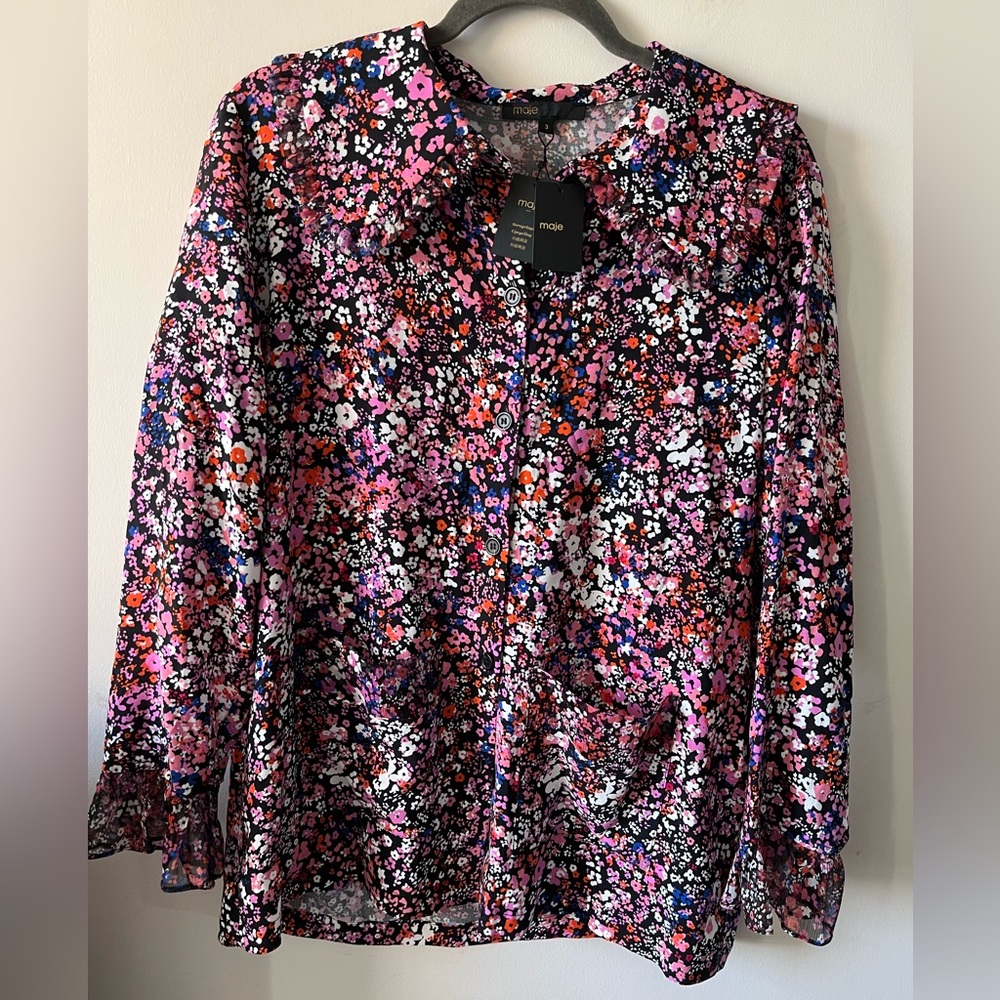 NWT MAJE Collared Floral Viscose and Silk Button-up Blouse